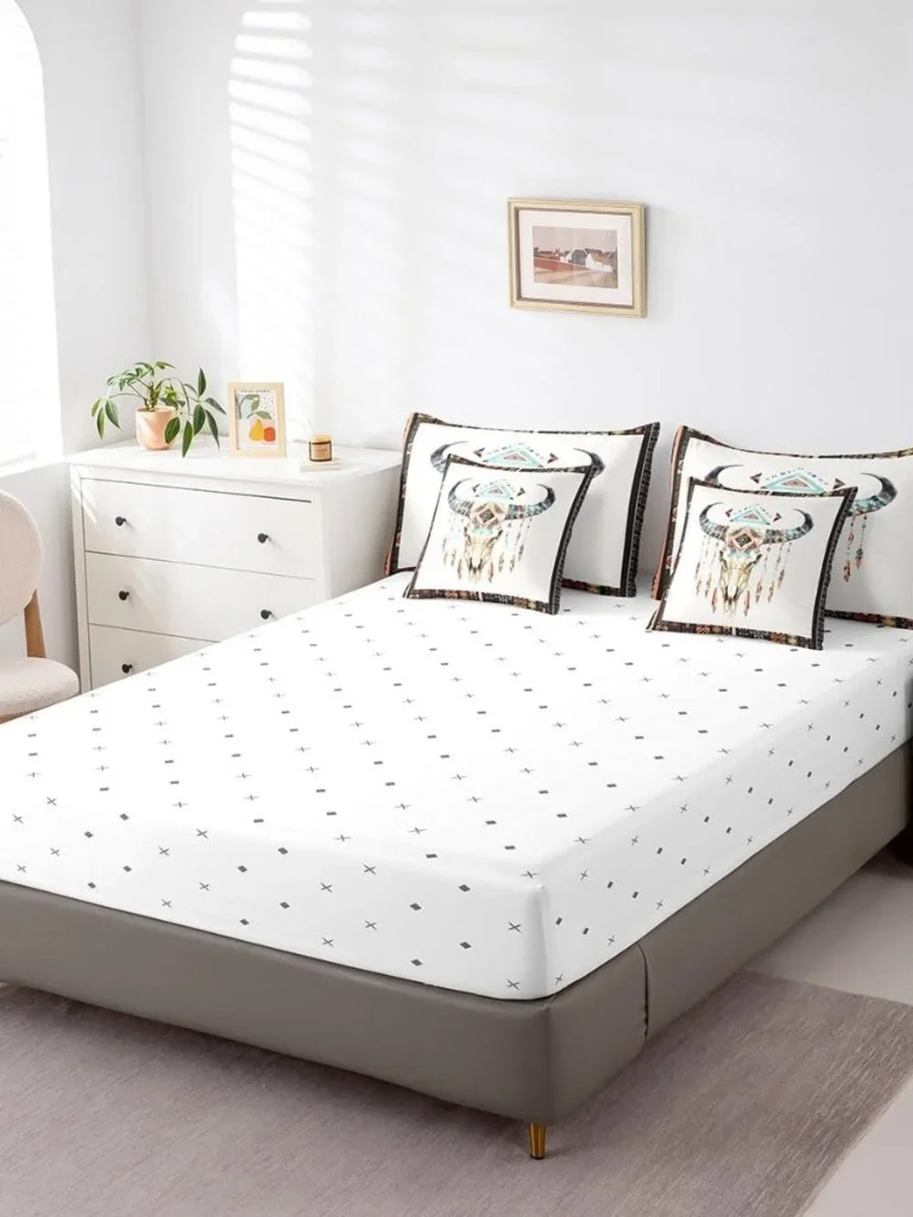 Boho Cow Skull Kids Comforter Set 7 Piece Queen Size,Watercolor Tribal Geometric